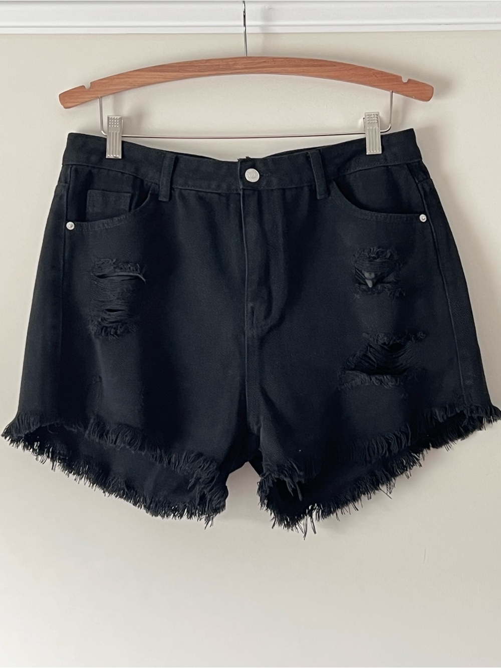 SHEIN Black Distressed High-Rise Denim Shorts